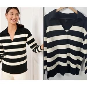 Talbots Black White Stripe Pullover Sweater 3/4 Sleeve Collared Sz XL V Neck